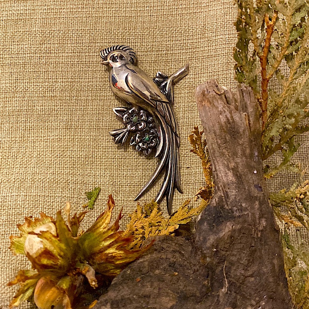 Quetzal Mexican Sterling Silver Bird Pin With Inlaid Turquoise Stones